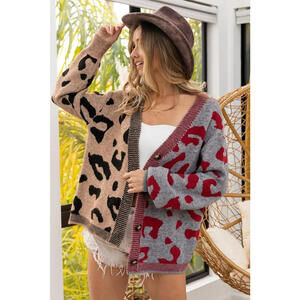 BiBi Leopard Color Block Button Down Sweater Cardigan